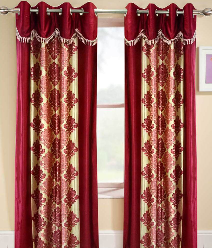 Homefab India Set of 2 Window Eyelet Curtains Ethnic Red&Beige