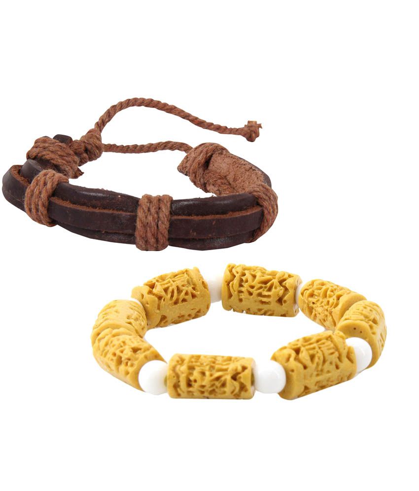 Jstarmart Brown Leather Wrist Band With Yellow Wrist band: Buy Online ...