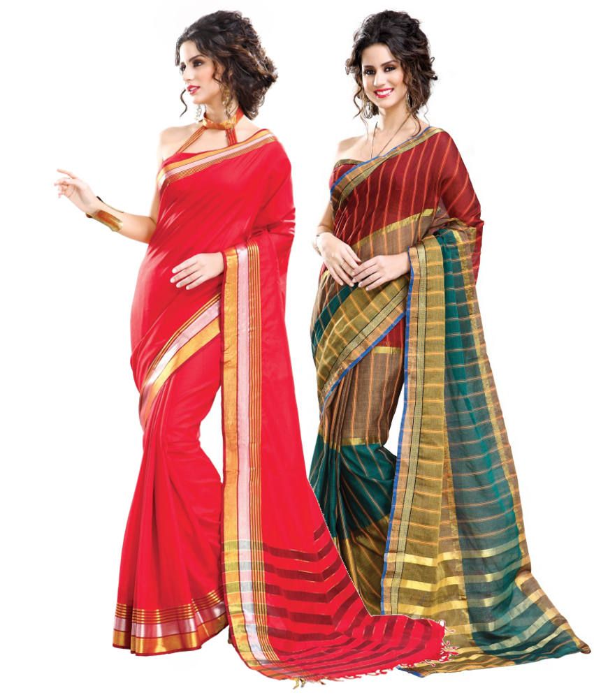 Reet Combo of Red Cotton Sarees with Blouse Piece - Buy Reet Combo of ...