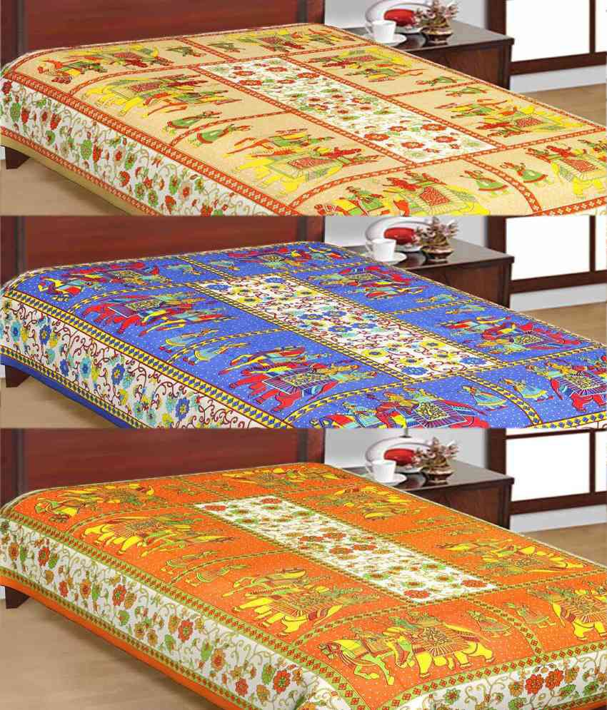     			UniqChoice Rajasthani Traditional Print Cotton 3 Single Bed Sheet Combo