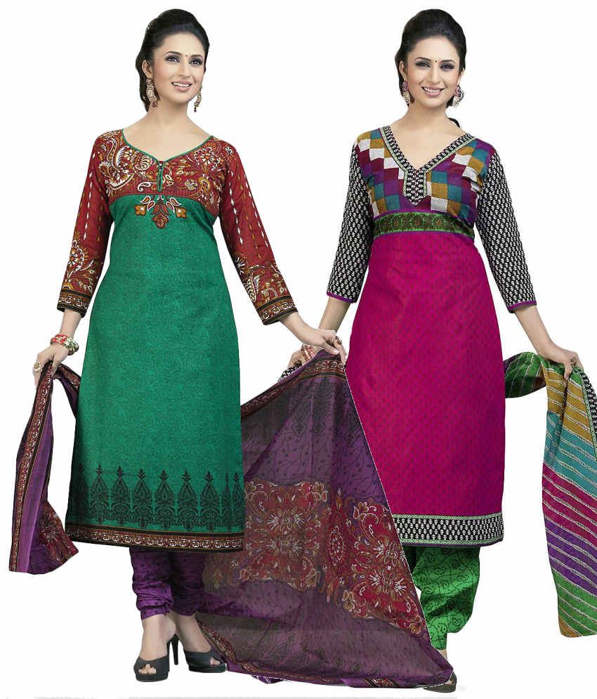 Mega Cotton Combo of Green and Purple Cotton Unstitched Dress Materials ...