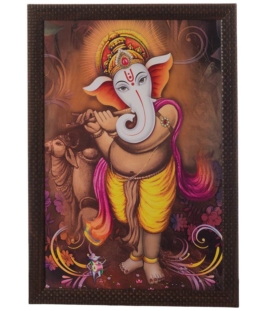     			eCraftIndia Brown & Yellow Ganesha Playing Flute Satin Framed UV Art Print Painting