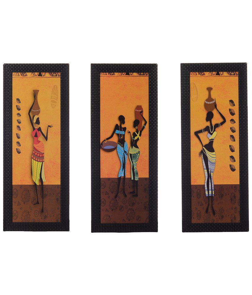     			eCraftIndia Pack of 3 Brown & Orange Tribal Lady Satin Framed UV Art Print Painting