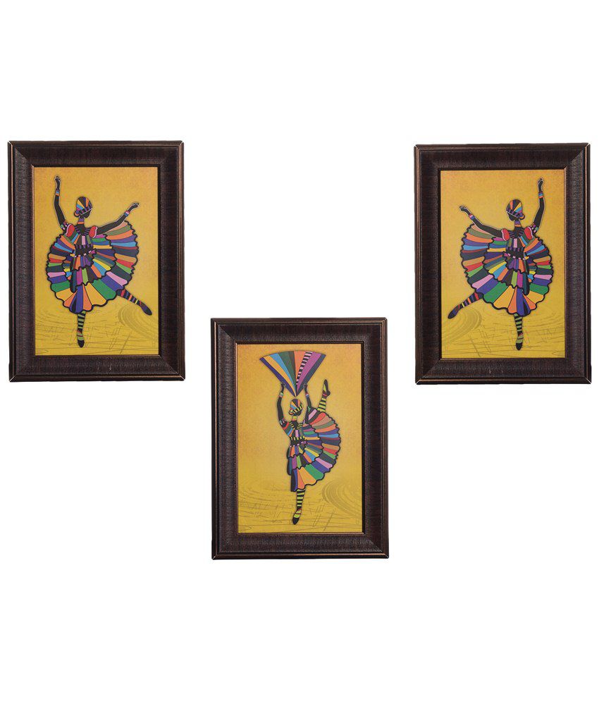     			eCraftIndia Pack of 3 Multicoloured Dancing Girl Framed UV Art Print Painting