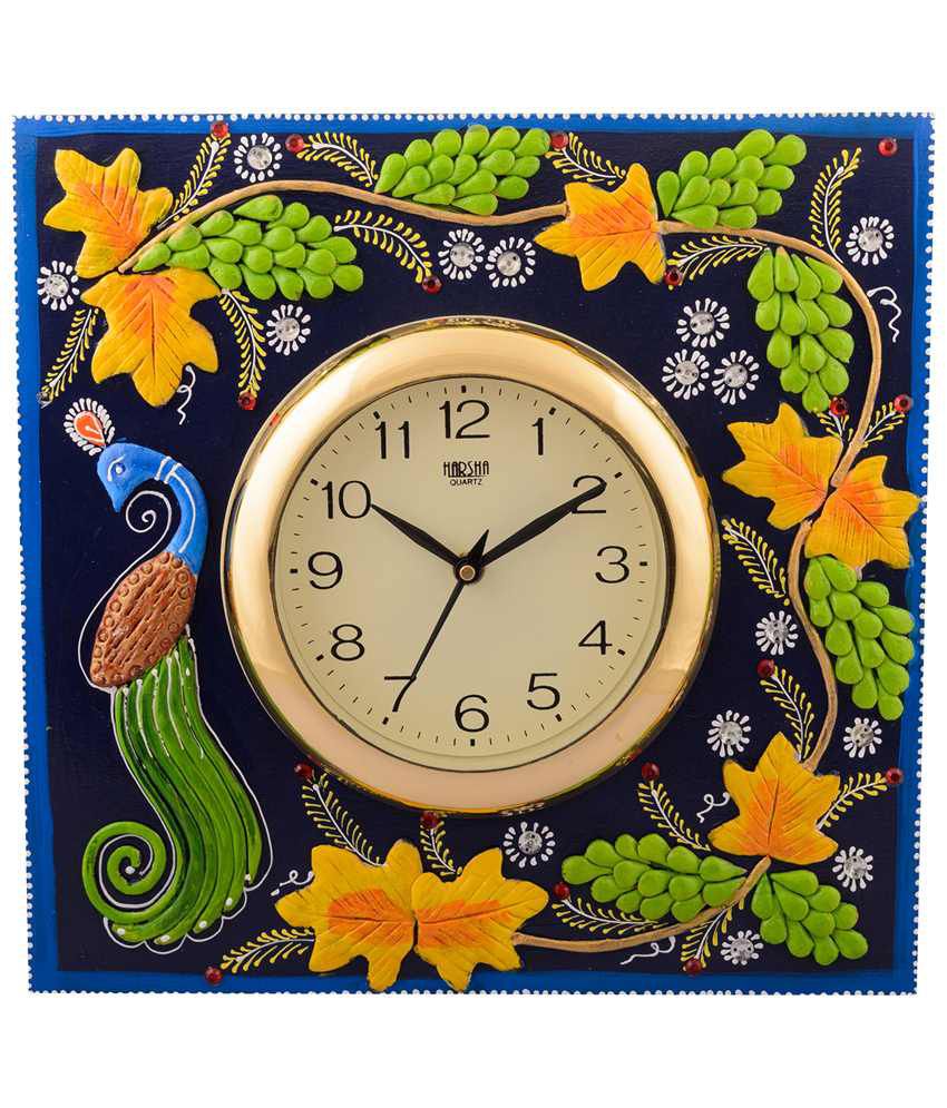     			eCraftIndia Multicoloured Wooden Papier Mache Peacock Wall Clock