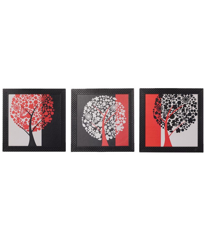     			eCraftIndia Pack of 3 Red, Black & White Tree View Satin Framed UV Art Print Paintings