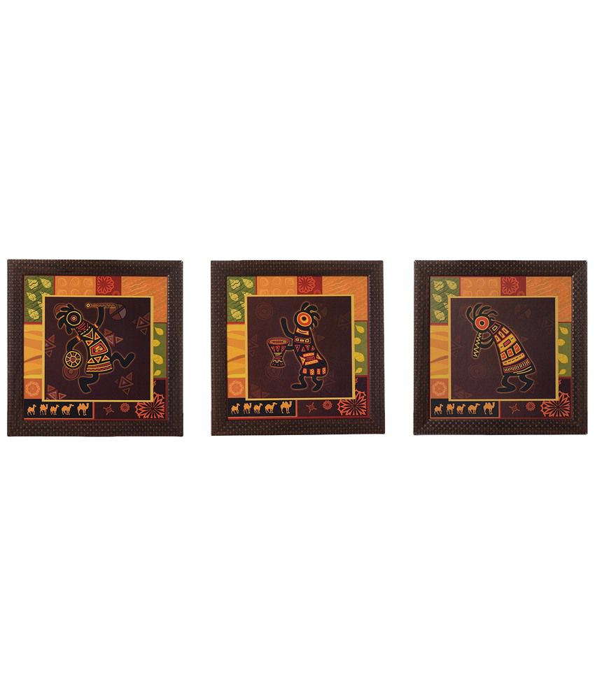     			eCraftIndia Pack of 3 Yellow & Brown Tribal Lady Satin Framed UV Art Print Paintings