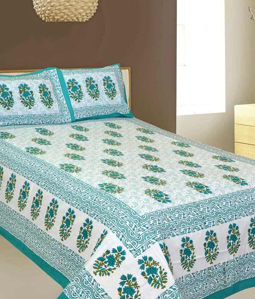     			UniqChoice 100% Cotton Turquoise Color Sanaganeri Traditional 1 Double Bed Sheet 2 Pillow Cover