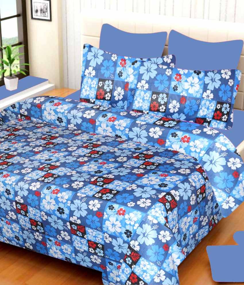 IWS Blue Printed Cotton Double Bedsheet with 2 pillow cover Buy IWS