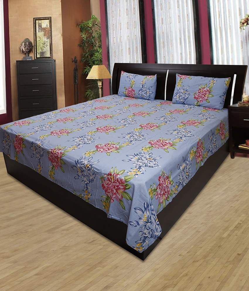 Lotus Blue Floral Cotton Double Bedsheet With 2 Pillow Covers Buy
