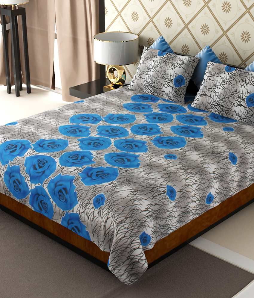     			Amethyst Blue Floral Poly Cotton Double Bedsheet with 2 pillow cover