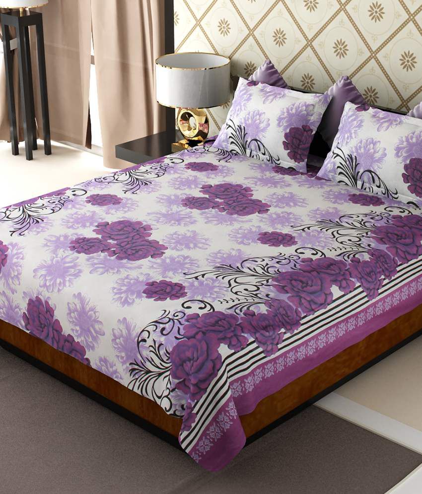     			Amethyst Purple Floral Cotton Double Bedsheet with 2 pillow cover