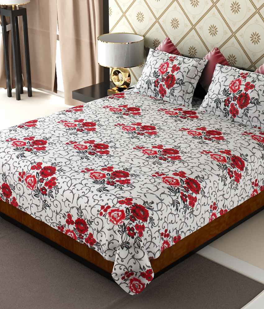     			Amethyst White Floral Poly Cotton Double Bedsheet with 2 pillow cover