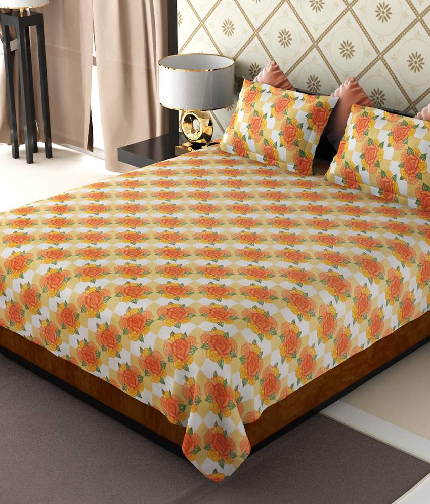     			Home Candy Orange Floral Cotton Double Bedsheet with 2 pillow cover