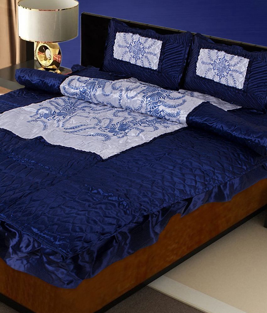 Renown Blue Floral Design Fancy Satin Double Bedsheet Set 4Pc 2 Pillow ...