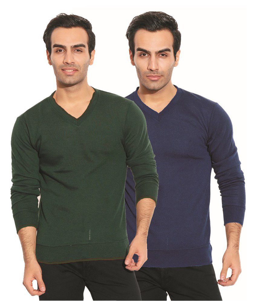 Zion Green and NavyBlue Full Sleeves V- Neck Solid Sweater - Pack of 2 ...
