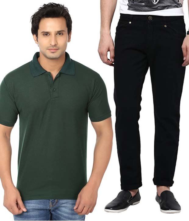 green polo black pants