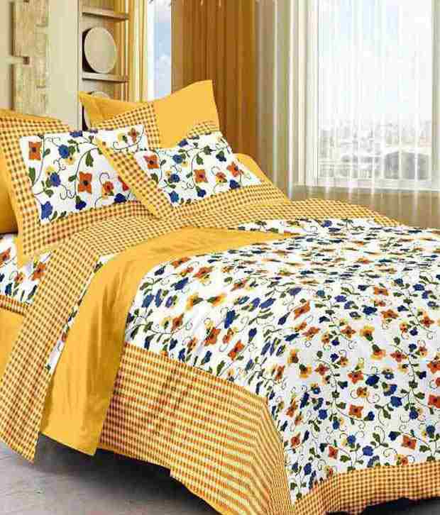     			Kismat Collection - Yellow Cotton Double Bedsheet with 2 Pillow Covers