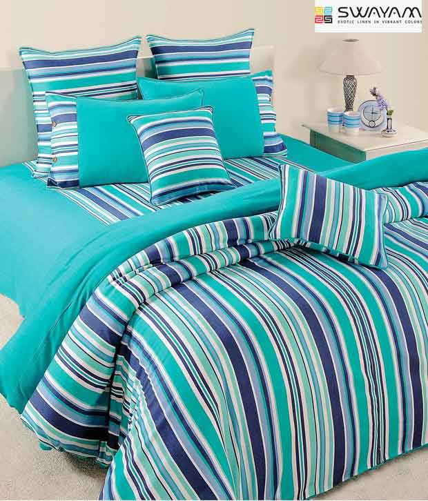 Swayam Turquoise Blue Striped Bed Sheet Set Buy Swayam Turquoise Blue Striped Bed Sheet Set