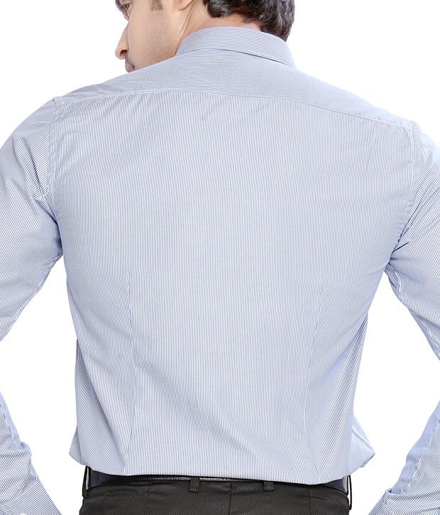 blue and white striped shirt with khakis