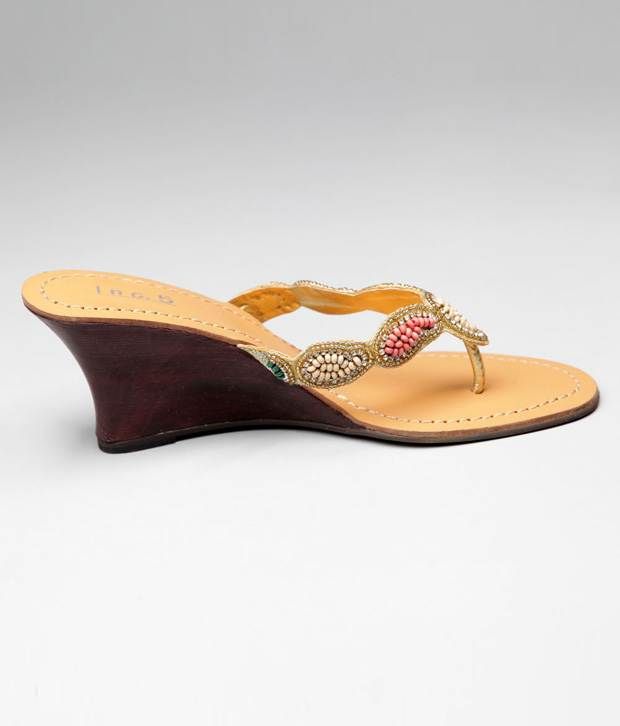 Inc.5 Ethnic Golden Slip-on Heels Price 