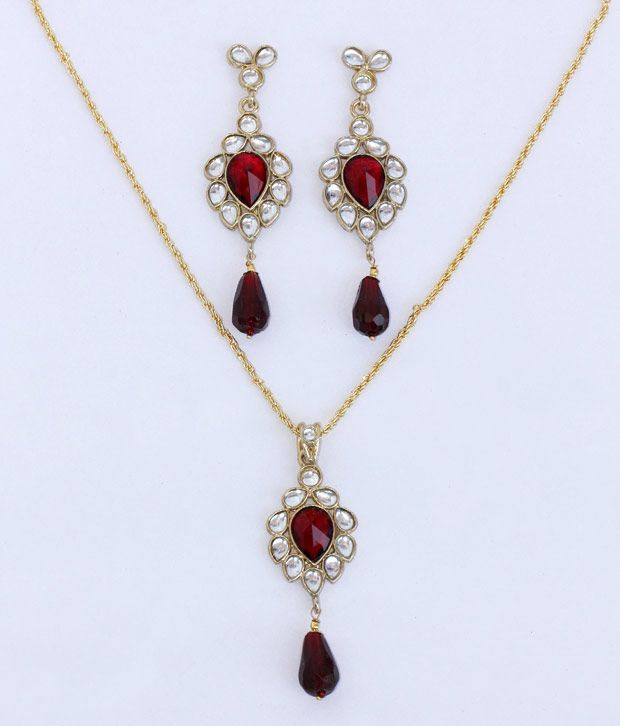 Touchstone Maroon Glass Stone Kundan Pendant Set Buy Touchstone Maroon