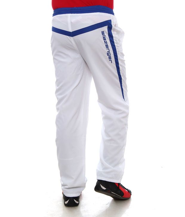 white and blue track pants