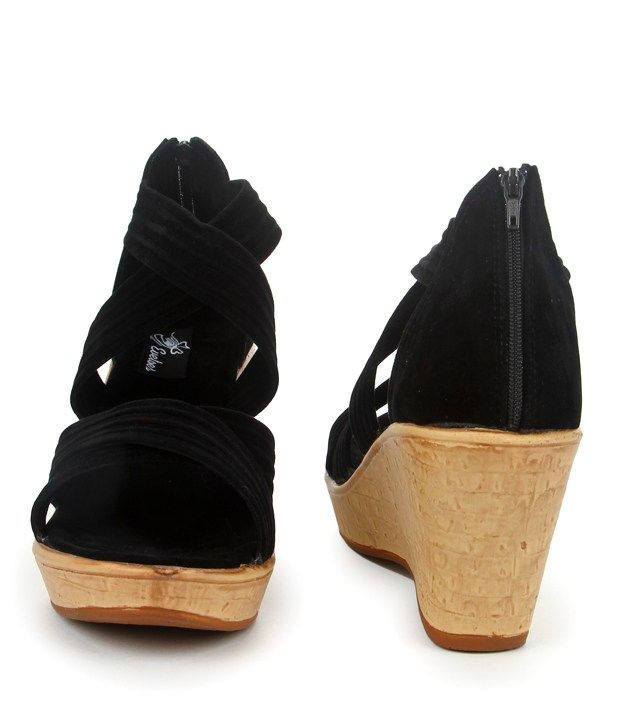 Evetoes Black Cross Over Wedge Heel Sandals Price in India- Buy Evetoes Black Cross Over Wedge 