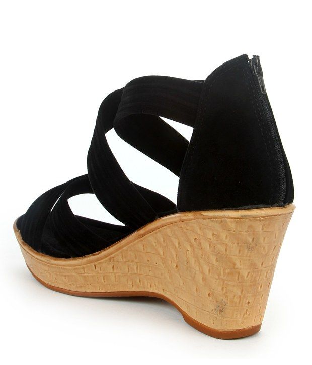 Evetoes Black Cross Over Wedge Heel Sandals Price in India- Buy Evetoes Black Cross Over Wedge 