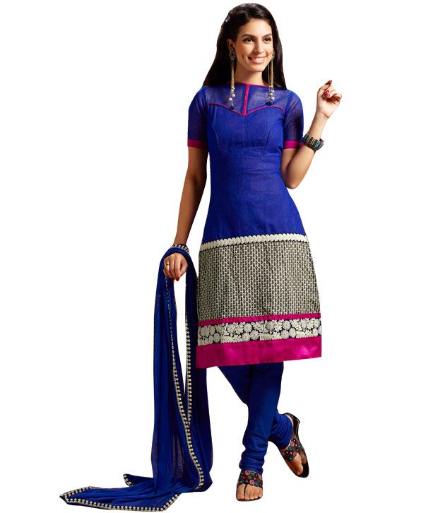 Saffron Blue Chanderi Unstitched Dress Material Buy Saffron Blue