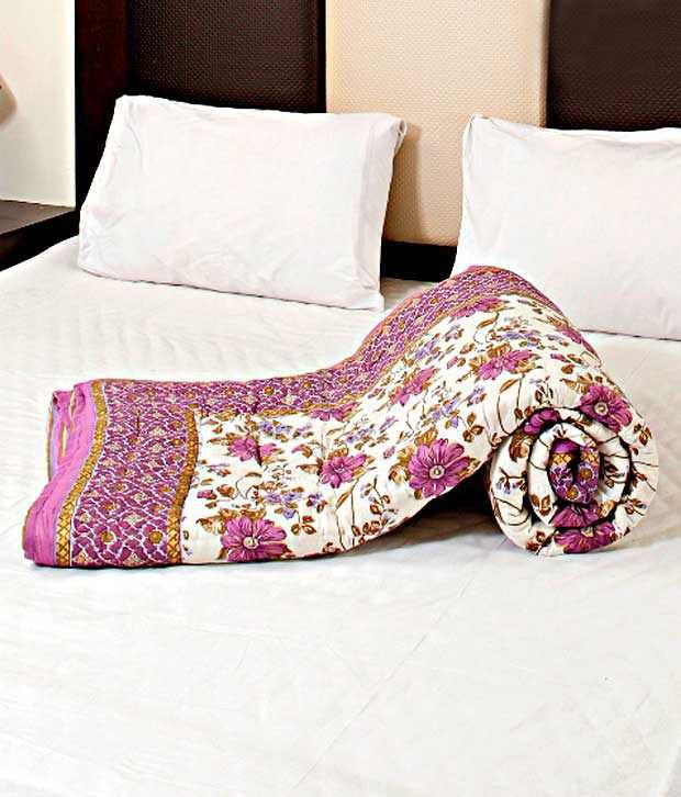 Aapno Rajasthan Floral Block Gold Print Magenta Double Bed Quilt Buy