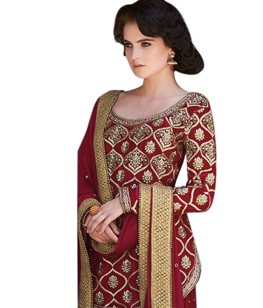 IndiWeaves Brown and Red Embroidered Velvet Dress Material Buy