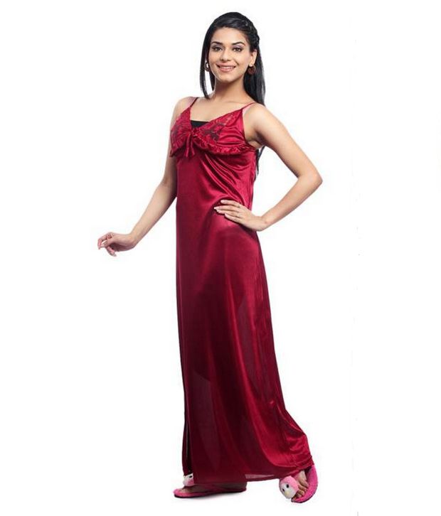 Buy Cenizas Maroon Satin Nighty & Night Gowns Pack of 2 Online at Best ...