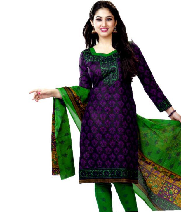 Reya Purple and Green Cotton Unstitched Dress Material - Buy Reya ...