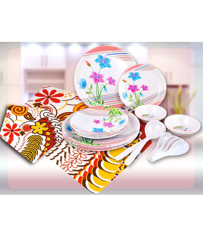 Birdie Blue Floral Melamine Dinner Set With Free Table Mats 24 Pieces