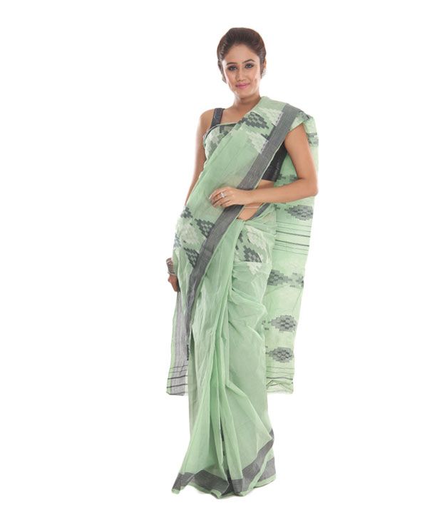 Erato Sea Green Jamdani Saree With Freebie Wooden Jewellery Buy E