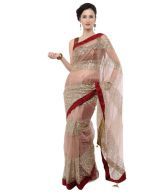 Brown and Beige Sequin Embroidered Net  Saree