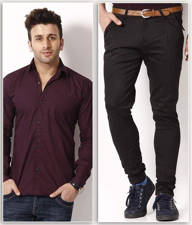 maroon shirt and jeans