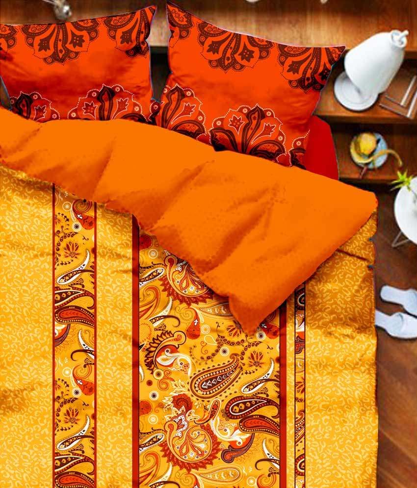 Tangerine Multi Printed Cotton 2 King bed sheets with 4 pillow covers