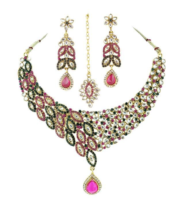 Golden Collections Pink Green Necklace Set - Buy Golden Collections ...