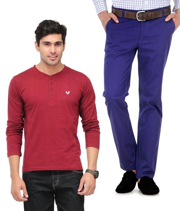 Phoenix Maroon and Navy Henley T Shirt and Chinos Combo Buy Phoenix