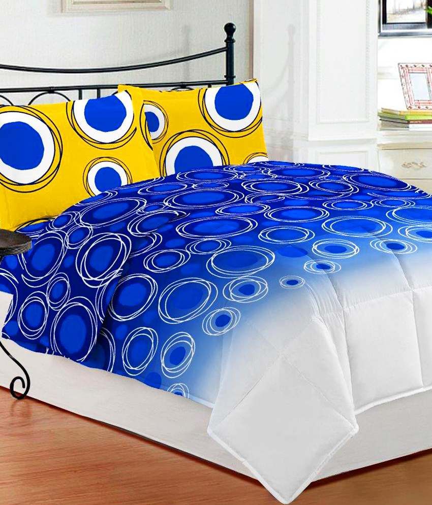Bombay Dyeing Blue and Yellow Abstract Cotton Double Bed Sheet With 2 Pillow Covers (Zoop