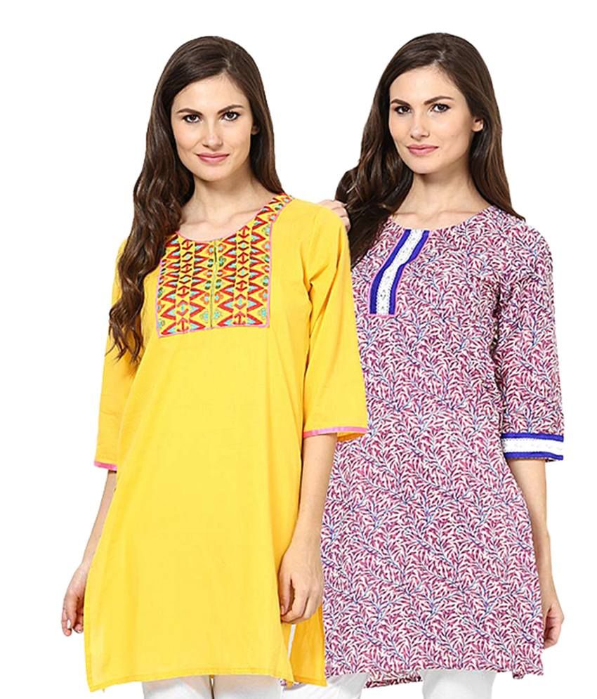 Jaipur Kurti Yellow And Pink Pure Cotton 3/4 Sleeves Pack Of 2 Kurtis