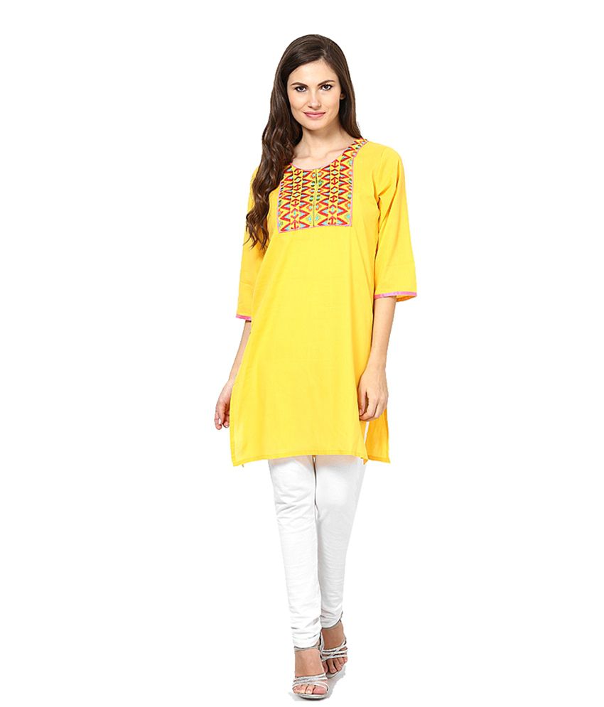 Jaipur Kurti Yellow And Pink Pure Cotton 3/4 Sleeves Pack Of 2 Kurtis ...