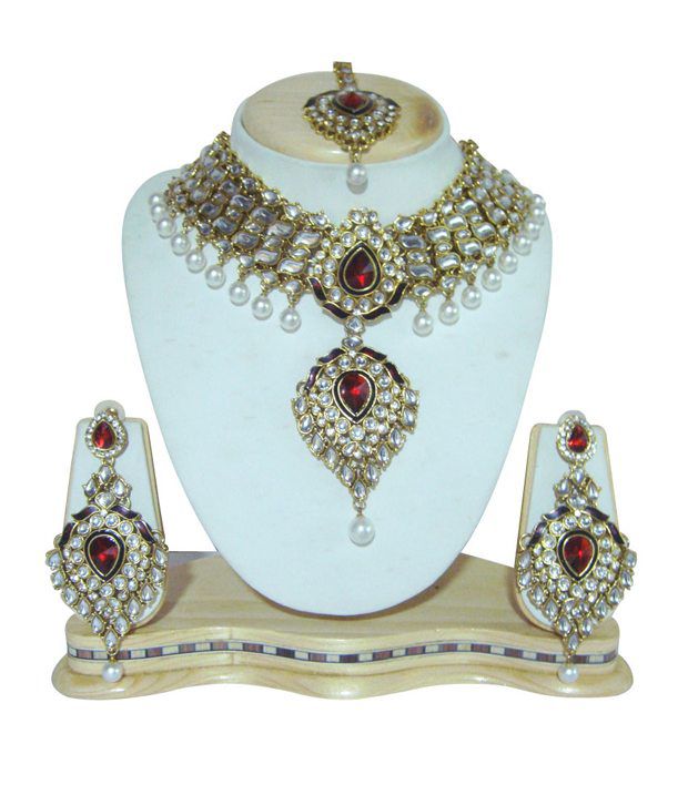 Red drops kundan necklace set - Buy Red 