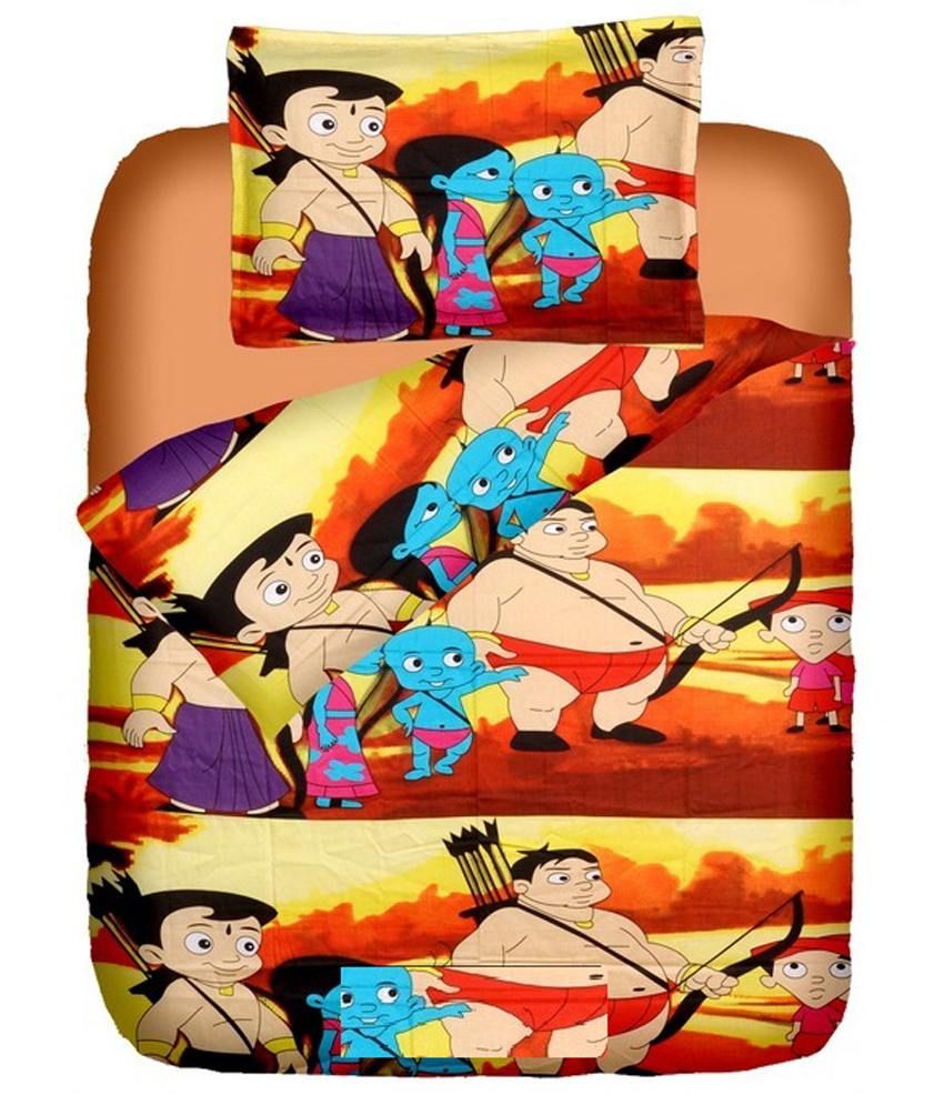 R R Textile House Brown Baby themes Satin Single Bedsheet With 1 Pillow Cover (Chota Bheem) Buy