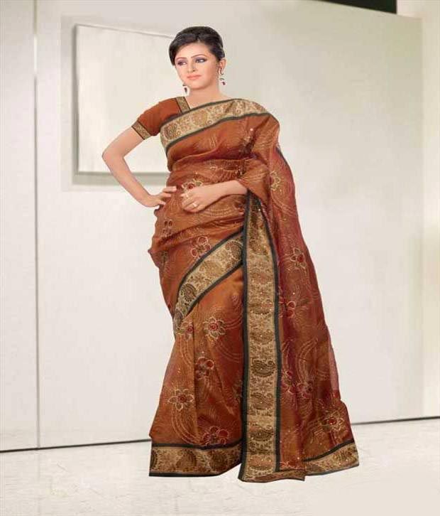 Attire Banarasi Net Tissue Embroidery Saree Brown Embroidered Saree