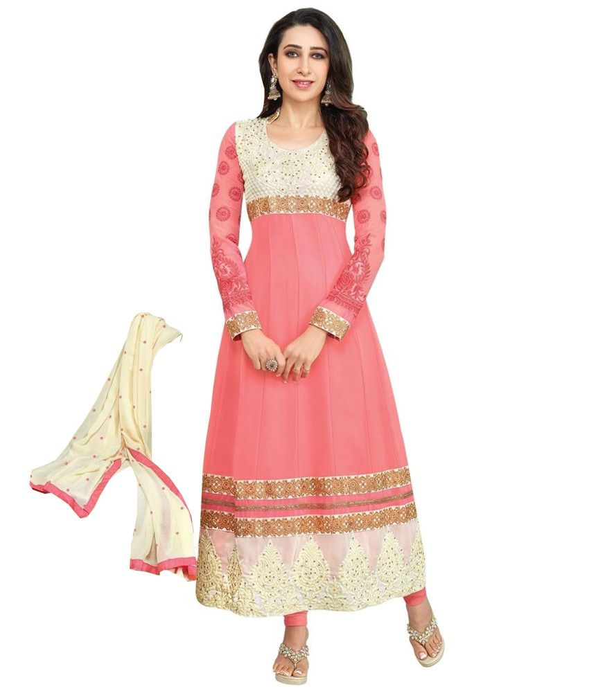 Mahaveer Fashion Georgette Pink and Beige Anarkali Semi Stitched Suit ...