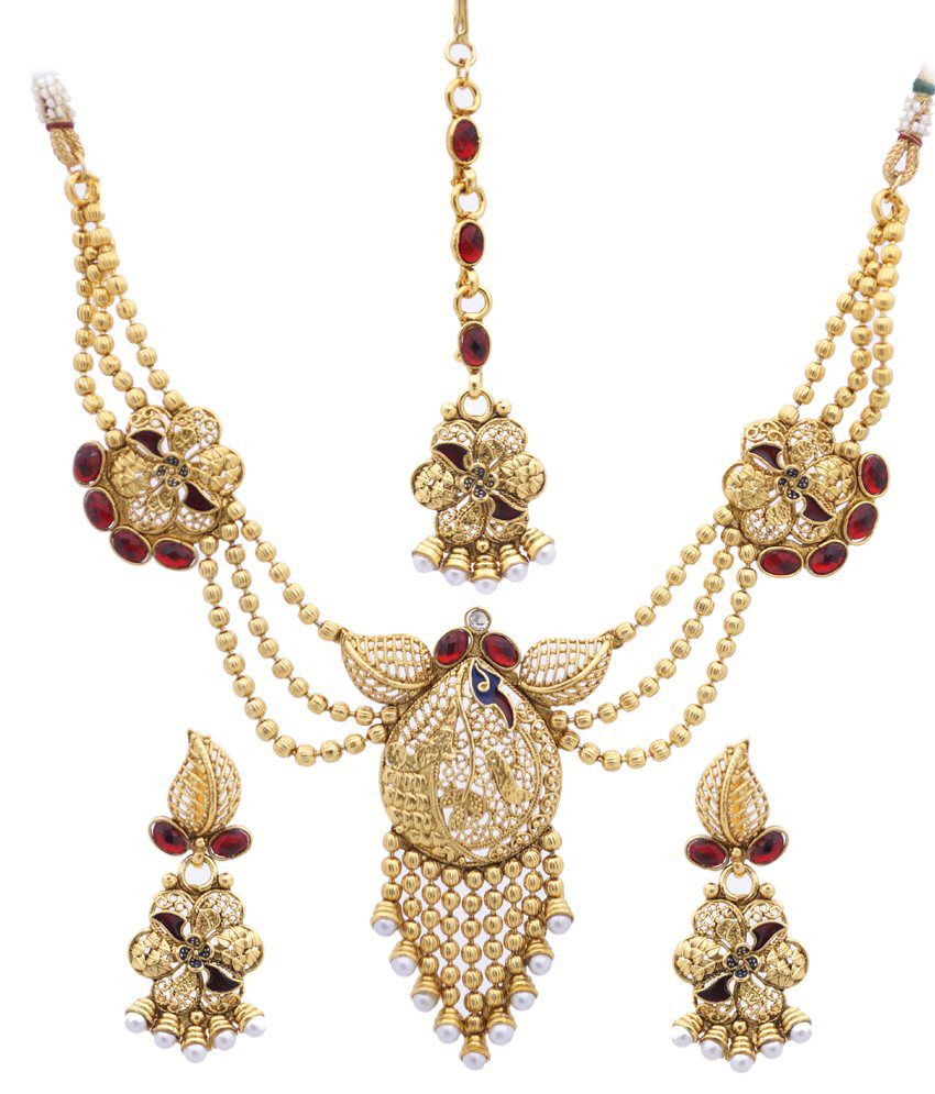 Hyderabadi Abhushan Traditional Golden Wedding Necklace In Maroon Stone ...