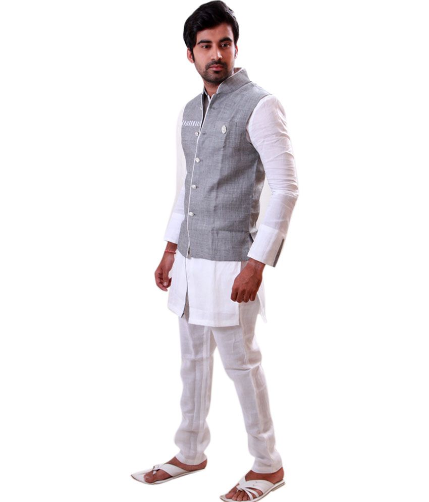 Runako White Occasional Linen Medium Pathani Suits - Buy Runako White